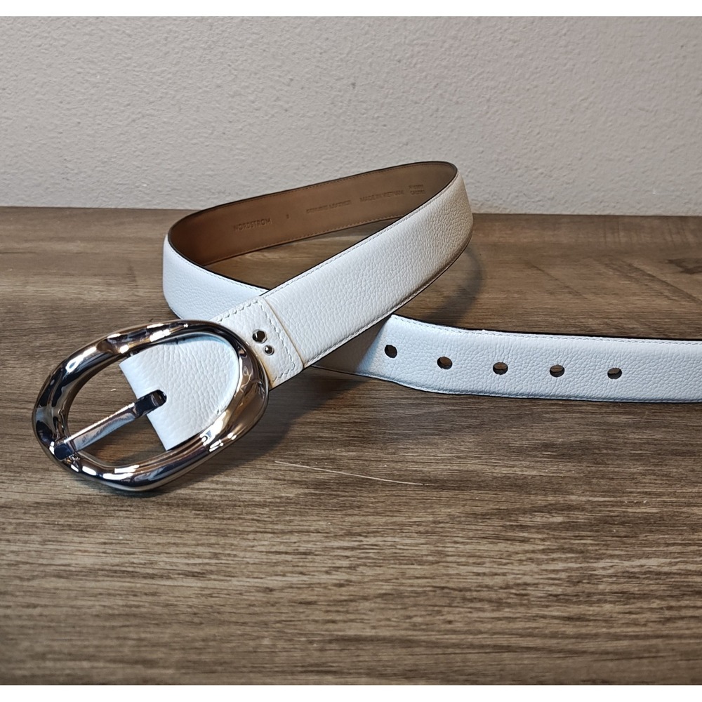Nordstrom Leather Belt Women Small White Pebbled Silver Oval Buckle 29NO509050MI